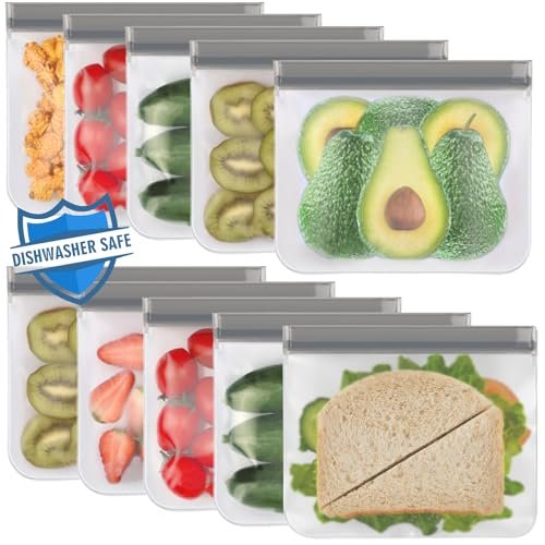 Lerine 10 Pack Reusable Sandwich Bags Dishwasher Safe, BP... DISHWASHER SAFE & EASY TO CLEAN: These reusable sa