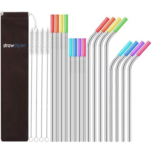 StrawExpert Set of 16 Reusable Stainless Steel Straws wit... 【Premium Material】These drinking straws are made o