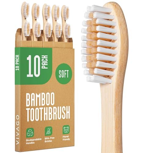 VIVAGO Bamboo Toothbrushes 10 Pack - BPA Free Soft Bristl... NATURAL SOLUTION - Our toothbrushes feature handle