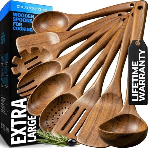 Zulay Kitchen 9-Piece Teak Wood Cooking Utensil Set – Non... COOK AND SERVE WITH STYLE: Meet all your cooking a