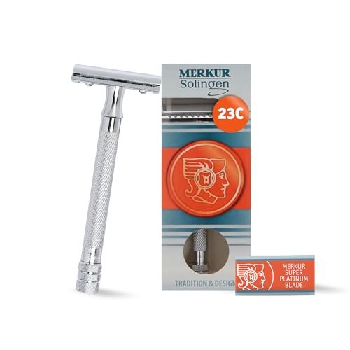 MERKUR 23C Double Edge Safety Razor - Polished Chrome, Lo... 𝐋𝐎𝐍𝐆, 𝐊𝐍𝐔𝐑𝐋𝐄𝐃 𝐇𝐀𝐍𝐃𝐋𝐄: MERKUR 23C has a long, textu