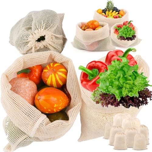 PEASUG 8 Pack Reusable Produce Bags Grocery Washable, Cot... 8 PCS of Produce Nags: Includes 8 reusable mesh pr