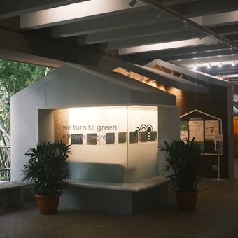 A small exhibit area with informational panels and the phrase 'we turn to green' displayed prominently. The setup is housed under a modern ceiling structure with lines and beams. Two potted plants flank the exhibit, enhancing the natural theme. Ambient light creates a calm and focused atmosphere.