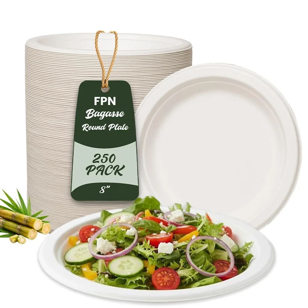 Round Compostable Plates 8 Inch 250 Pack Heavy Duty Dispo...