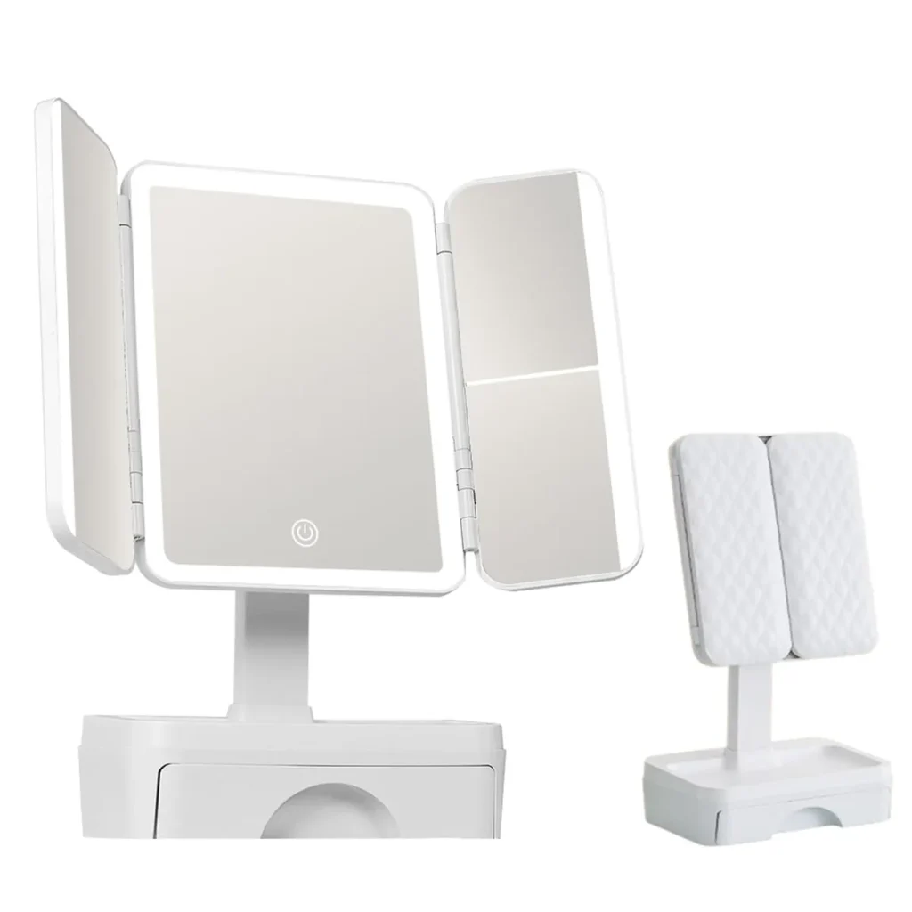 Tri Fold Lighted Makeup Mirror with Storage & 3X Magnific...