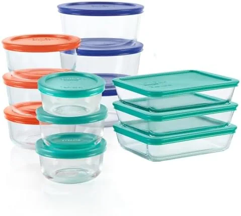 Pyrex Simply Store 12-pack of glass food storage containers in four sizes with colored plastic lids