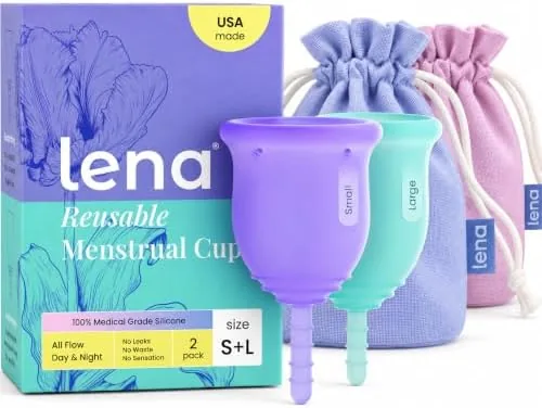 Lena menstrual cup set with small and large cups and storage bags