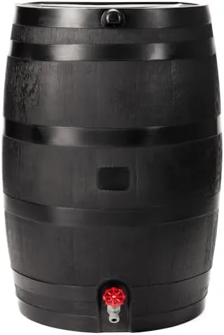 RTS Home Accents 50-gallon ECO rain barrel in black with a red spigot