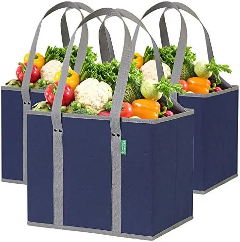 Box-shaped reusable grocery bag that stands upright