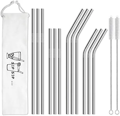 Set of straight and bent stainless steel reusable straws with cleaning brushes