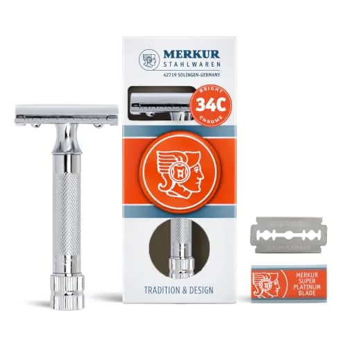Merkur 34C double edge safety razor with short chrome-plated brass handle