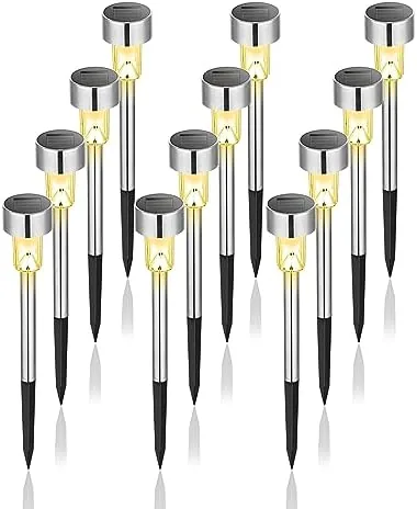 GIGALUMI stainless steel solar garden stake lights, 12 pack, warm white